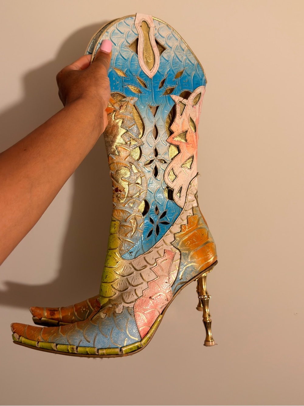 Source Unknown Multicolor Embossed Leather Western Stiletto Boot